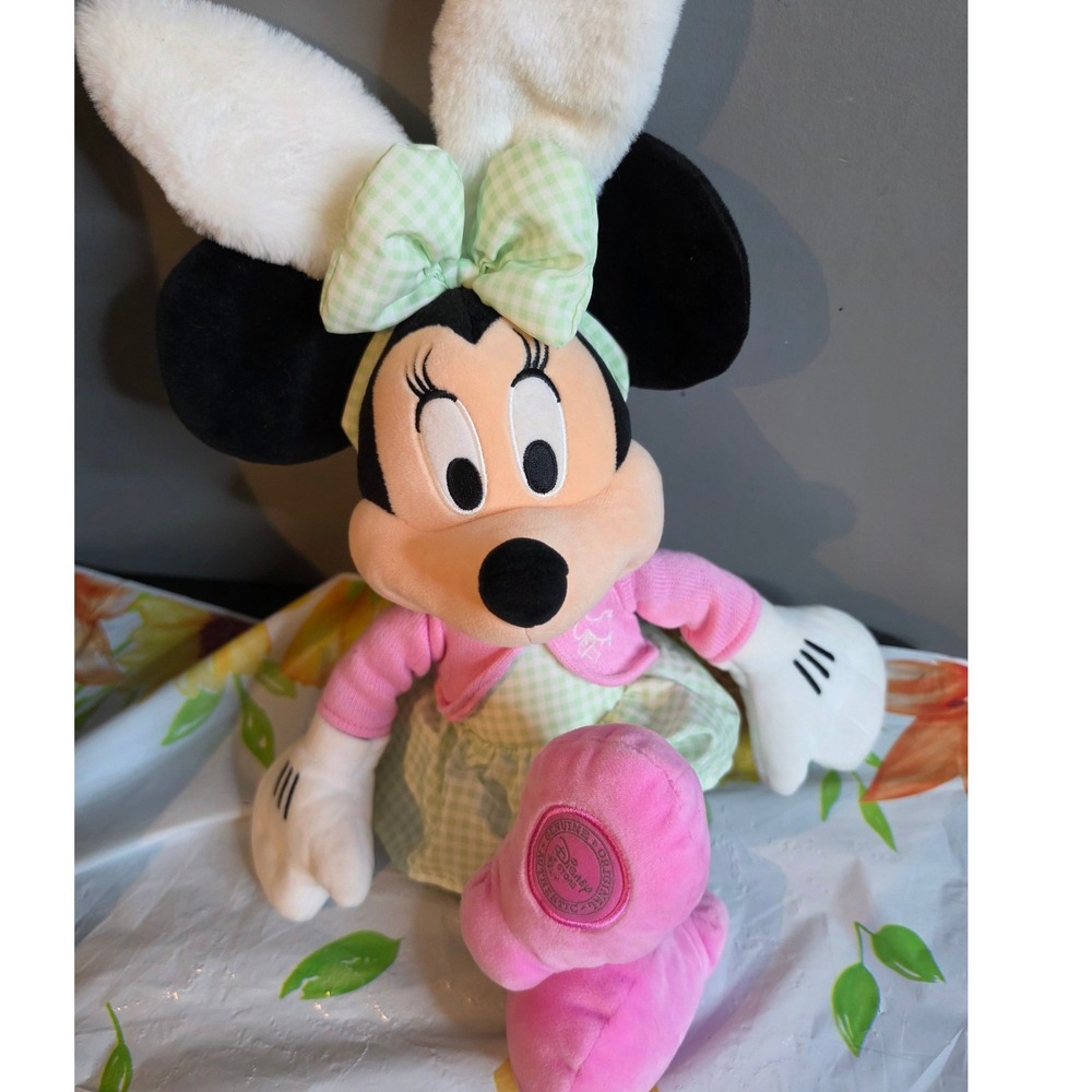 Disney Store Minnie Mouse Easter Bunny Plush Pink Cardigan Gingham Dress 16 Inch